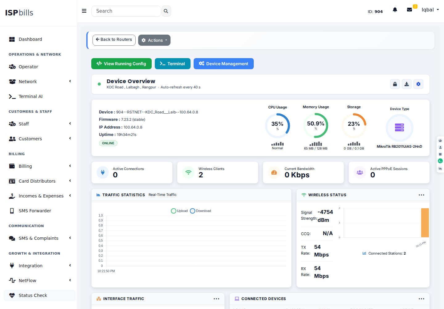 MikroTik monitoring dashboard with resource and traffic data